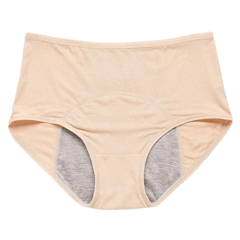 LushGuard leakproof beige women's briefs with perforated fabric and gray inner lining