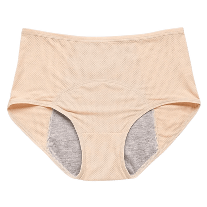 LushGuard leakproof beige women's briefs with perforated fabric and gray inner lining