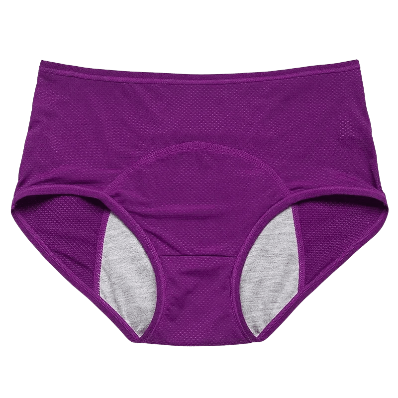 Purple leakproof briefs with a gray inner lining designed for comfort and protection