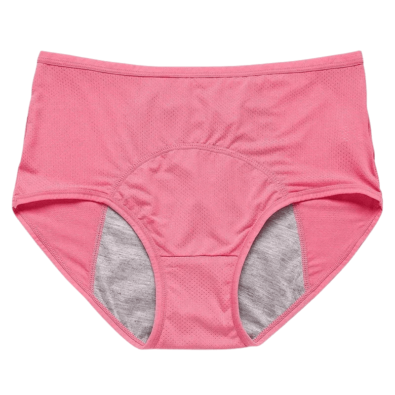 Pink leakproof briefs with gray inner lining, high-waist design, and breathable fabric