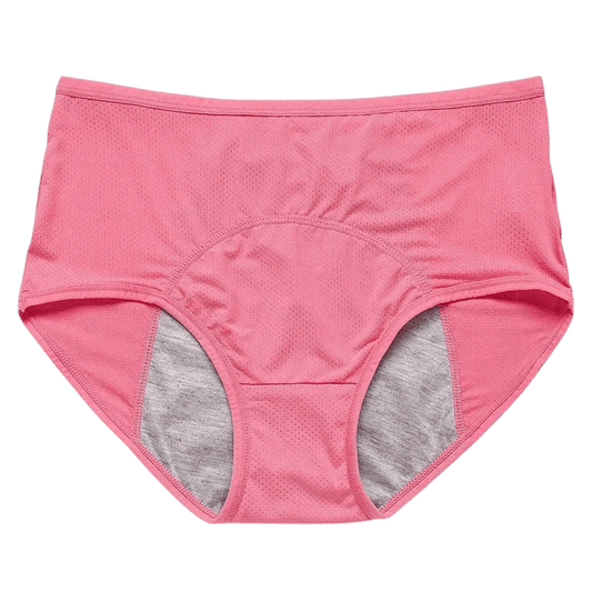 Pink leakproof briefs with gray inner lining, high-waist design, and breathable fabric
