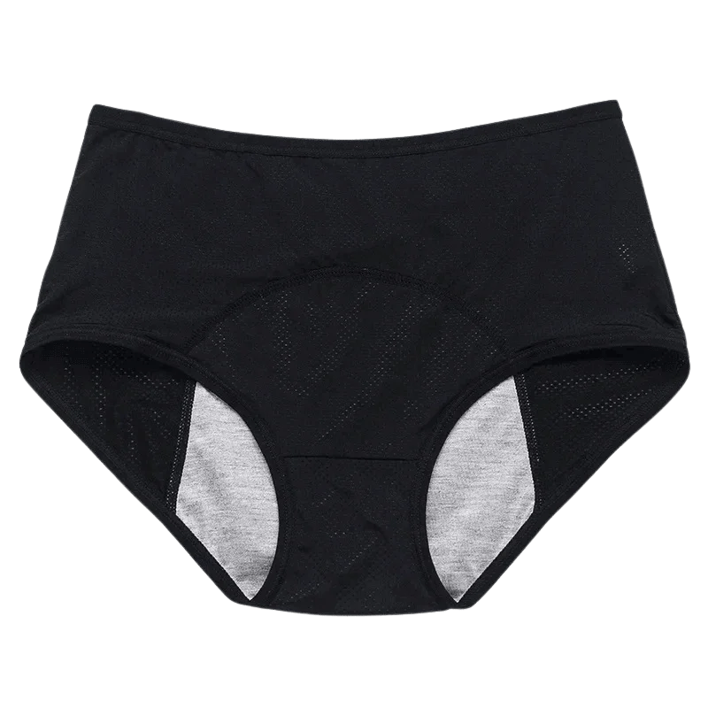 Black leakproof briefs with grey inner lining, designed for comfort and protection