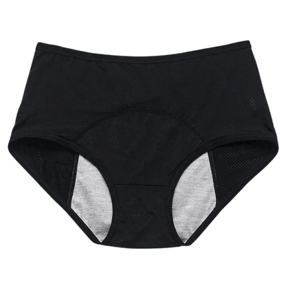 Black leakproof briefs with grey inner lining, designed for comfort and protection