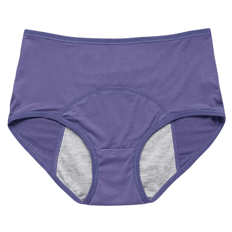 Purple leakproof women's briefs with a soft gray inner lining, designed for comfort and protection