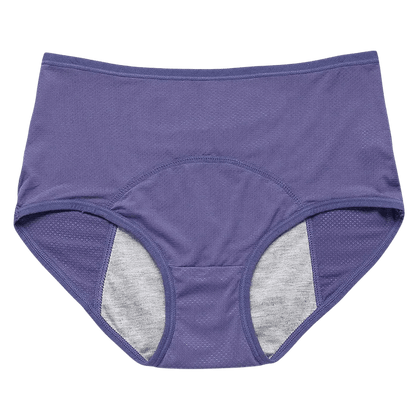 Purple leakproof women's briefs with a soft gray inner lining, designed for comfort and protection