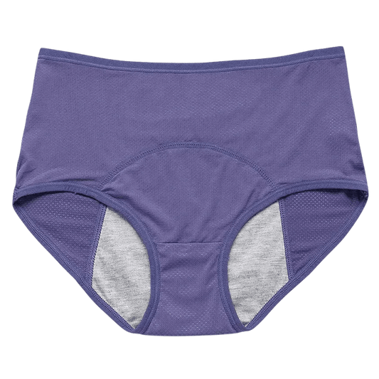 Purple leakproof women's briefs with a soft gray inner lining, designed for comfort and protection